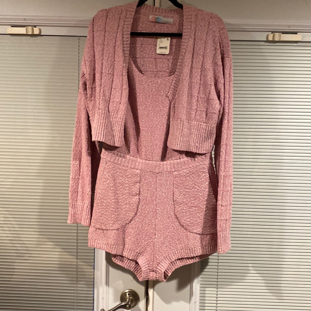 NWT Free People Beach Declan pink two piece knit Romper & Cardi. Size L - Picture 2 of 10
